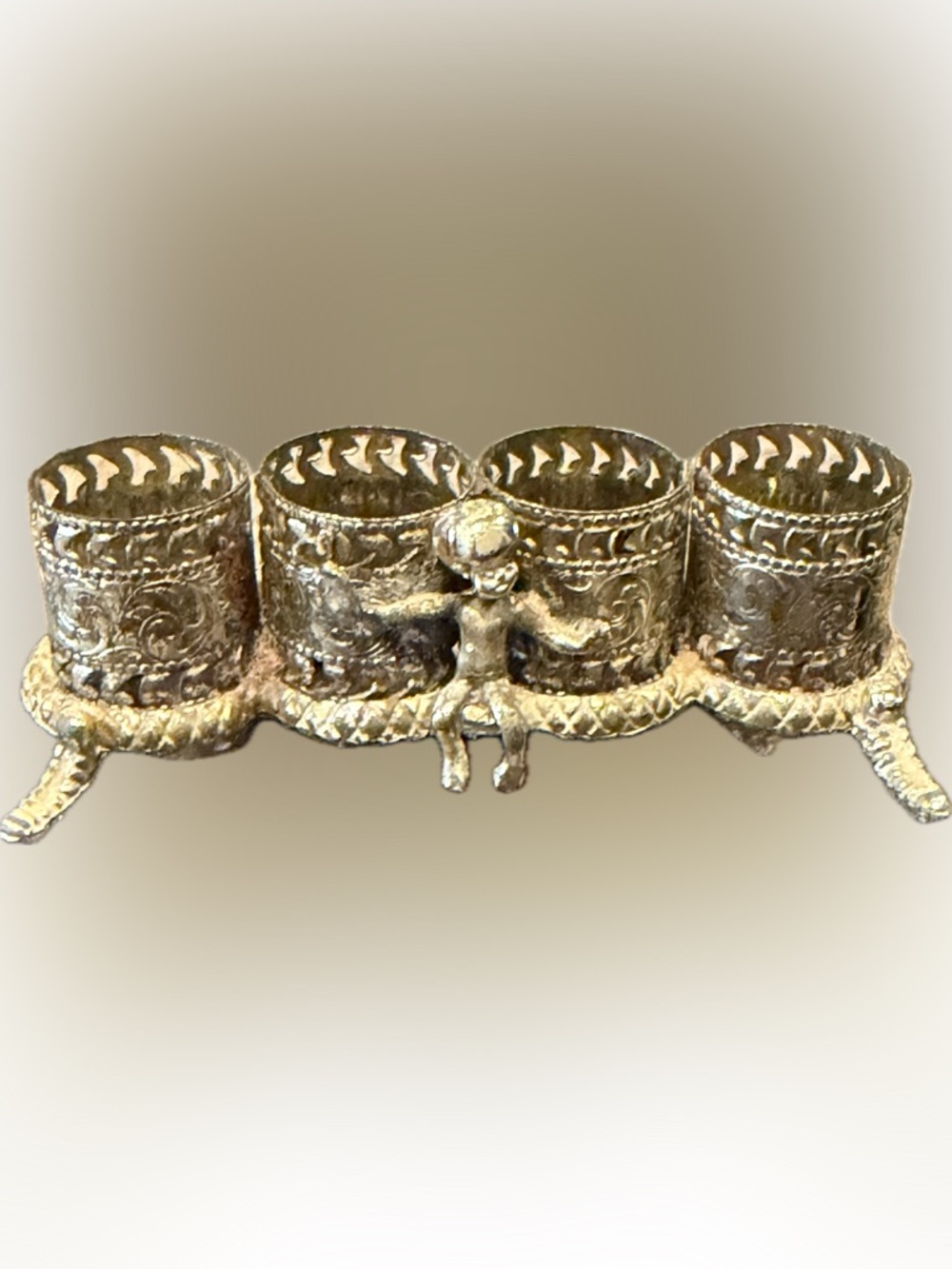 Gold Tone Cherub VTG Lipstick Holder 4 Slots Hollywood Regency Vanity Filigree